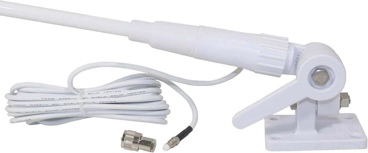 Tram® Pretuned VHF 3-dBd-Gain Marine Rachet-Mount 46-in. Fiberglass Antenna with RG58 Cable and FME-Female Connector with PL-259 Adapter