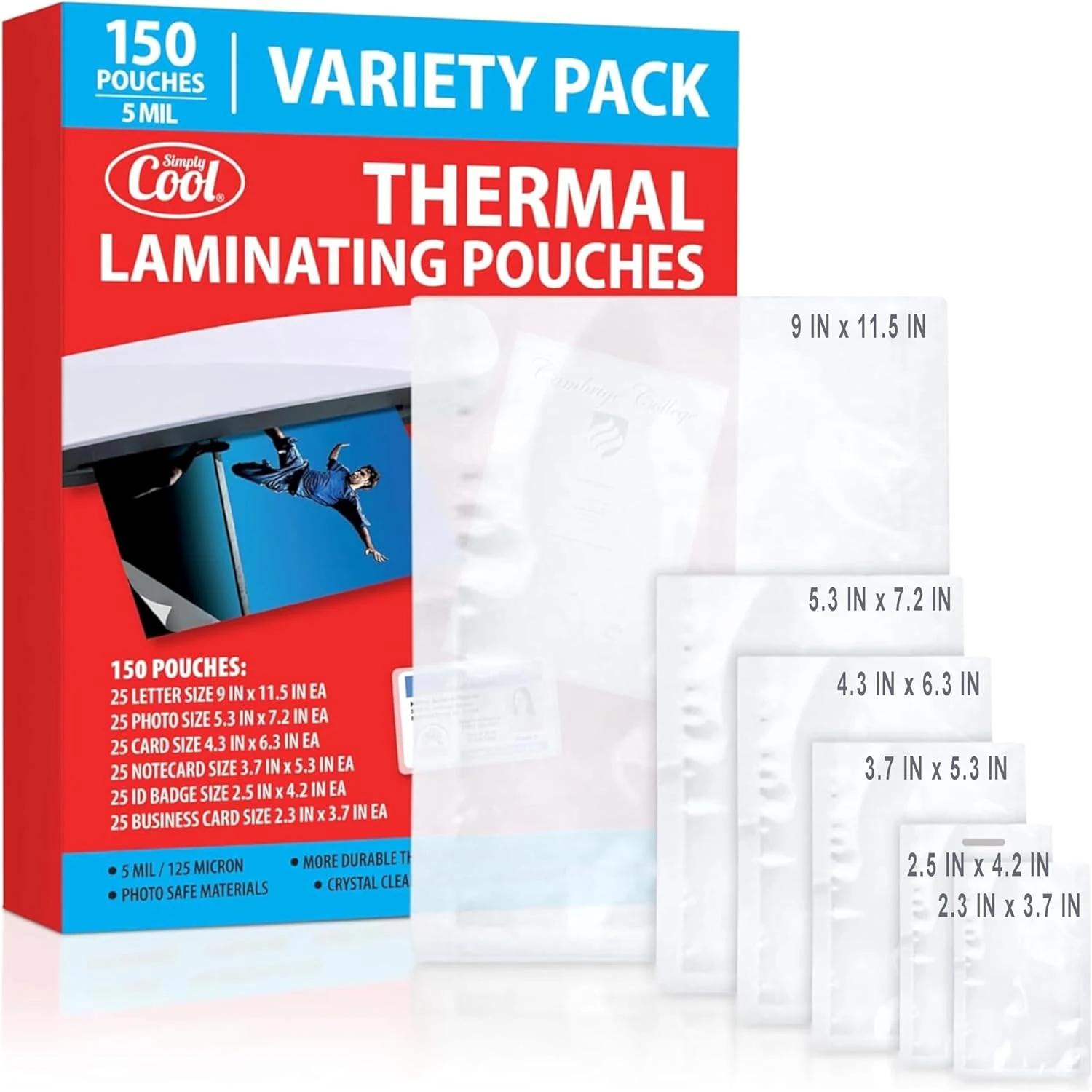 5MIL Thermal Laminating Sheets (150 Count) Letter, Photo, Card, Notecard, ID Badge and Business Card Sizes