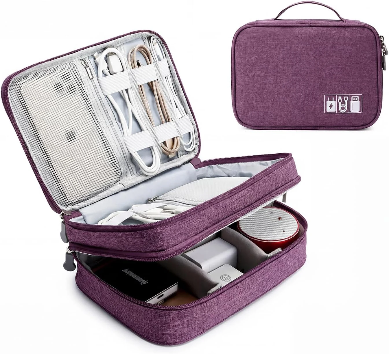 Lanola Travel Cable Organizer Bag, Electronic Accessories Case Portable Double Layer Cable Storage Bag (Purple)