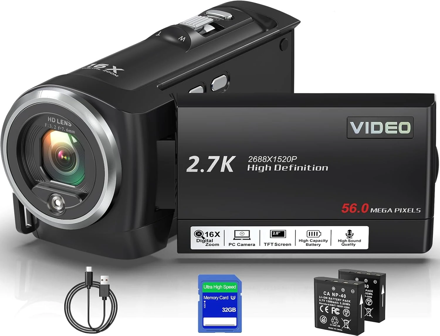 Video Camera Camcorder, QHD 2.7K 56MP 16X Digital Vlogging Camera with LED Fill Light for YouTube, 2.8'' 270° Rotation Screen Camcorder Camera with 32GB Card and Two Batteries