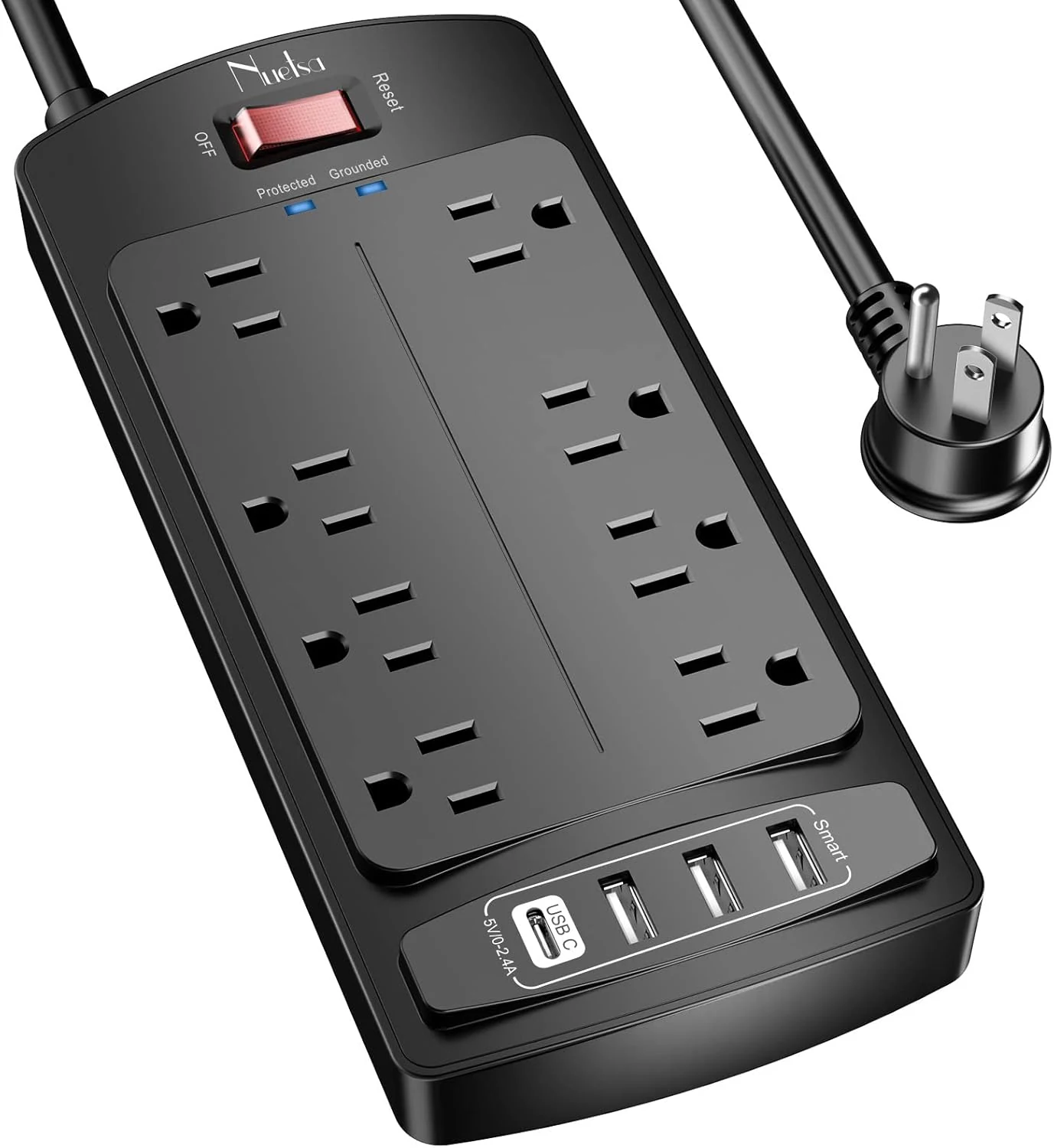 Nuetsa Surge Protector Power Strip (8 Outlets, 4 USB, Flat Plug, 2700J)