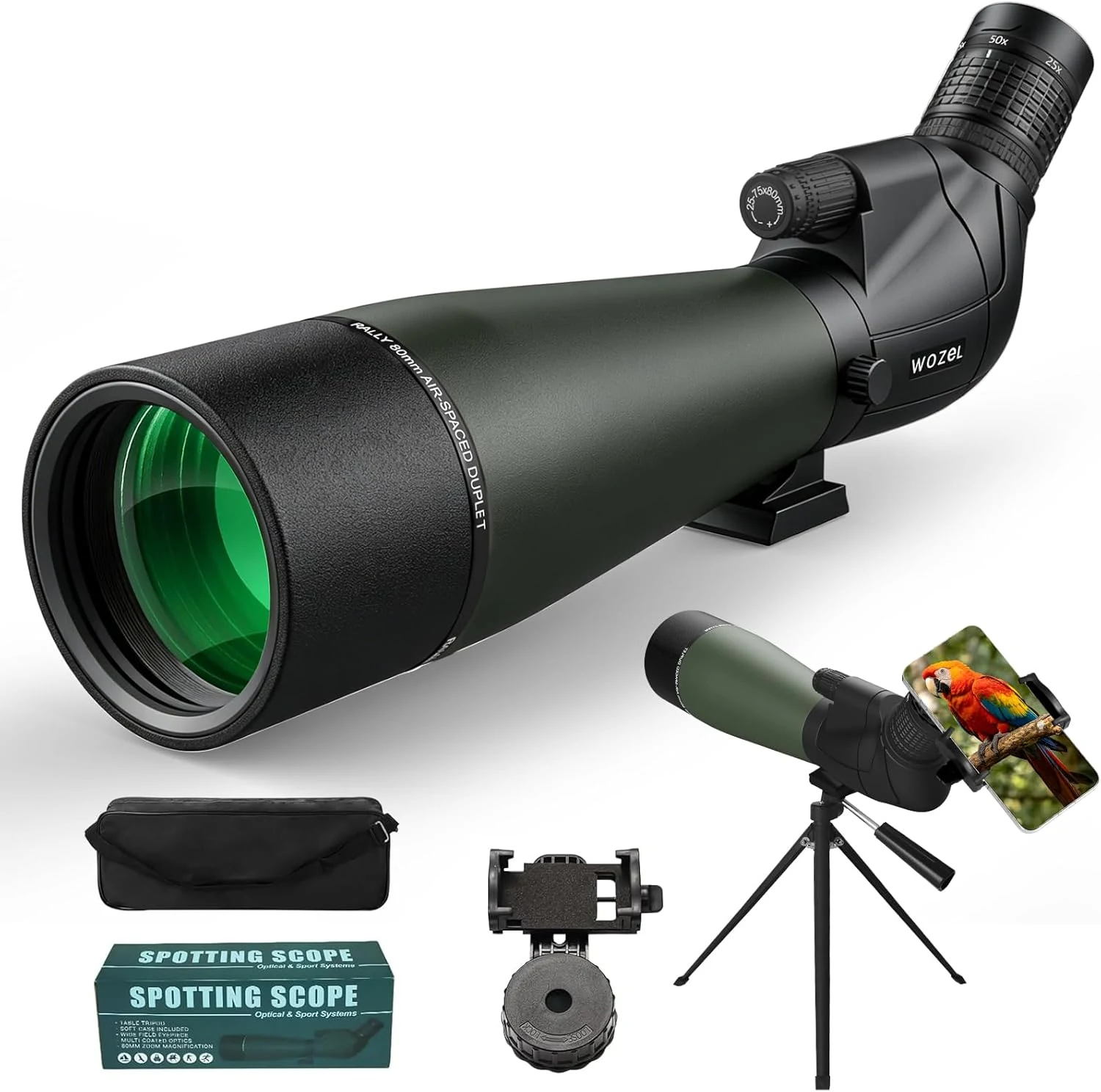 WOZEL 25-75x80 Spotting Scope with Tripod - Phone Adapter & Carrying Bag Included