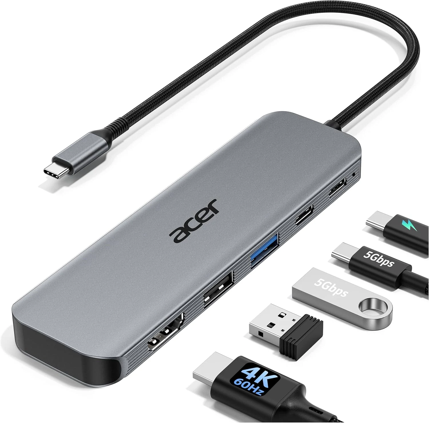 Acer USB C Hub, 5-in-1 USBC to HDMI Adapter with 4K@60Hz, 100W Power Delivery, USB-C 5Gbps & USB-A 3.0 Data Ports
