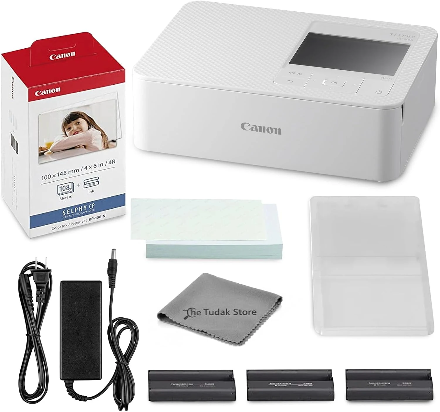 Canon Selphy CP1500 Photo Printer Bundle (White) with KP-108 Paper (108 Sheets) 3 Color Ink Cartridges & Tudak Cleaning Cloth