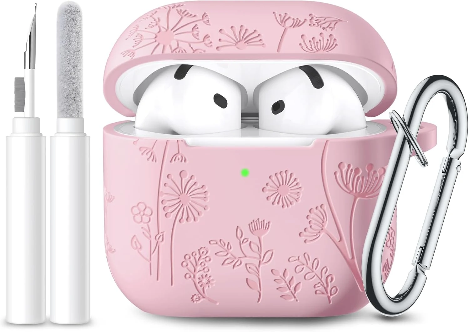 Lerobo for Airpods 4 Case Cover with Cleaner Kit, Cute Flower Engraved Silicone Protective Case Cover with Keychain Compatible with Apple Airpods 4 Case 2024 for Women and Girls, Pink
