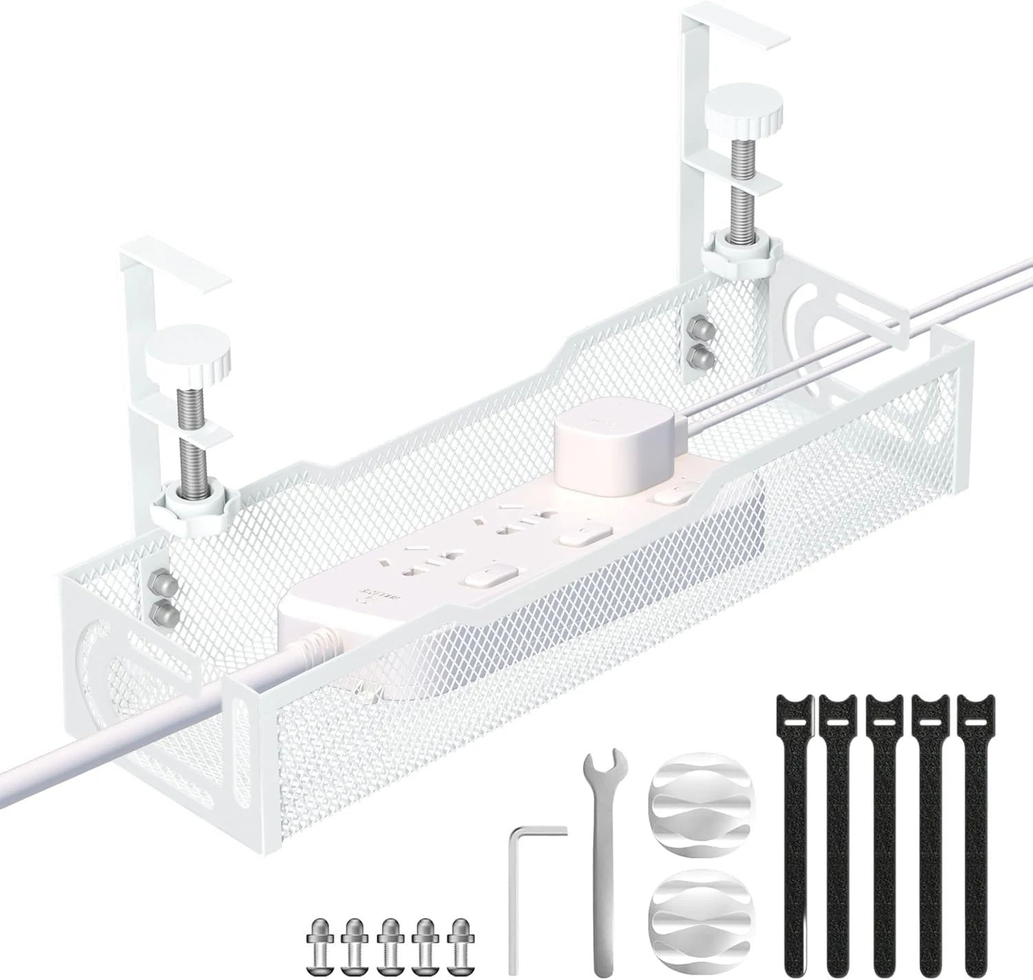 Under Desk Cable Management Tray, No Drill Mesh Desk Cable Tray (White)