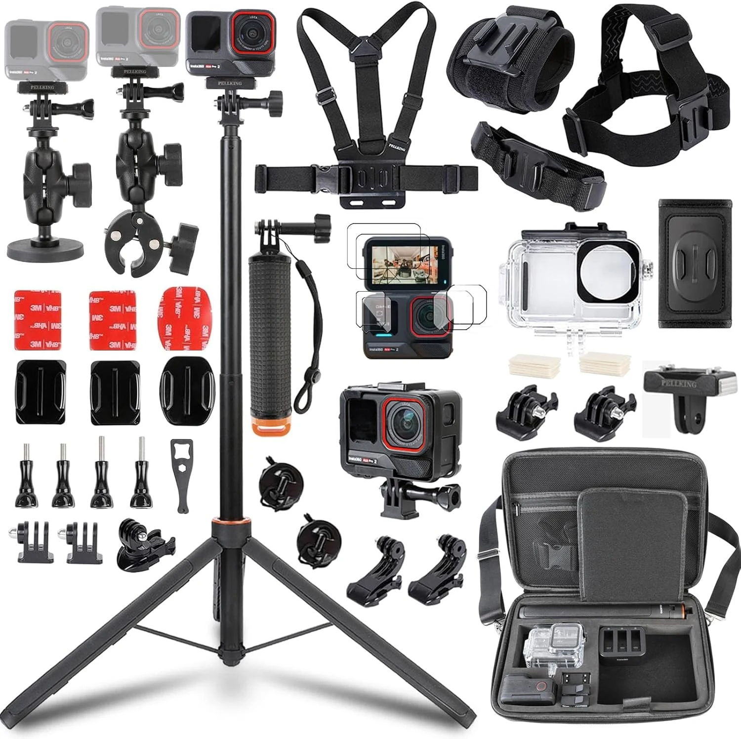 PellKing Accessories Kit for Insta360 AcePro2,Carrying Case with Belt 135cm Selfie Stick Tripod Waterproof Housing Boder Frame Magnetic Handlebar Mount Qucik Release Clip 4 in 1 Body Mount