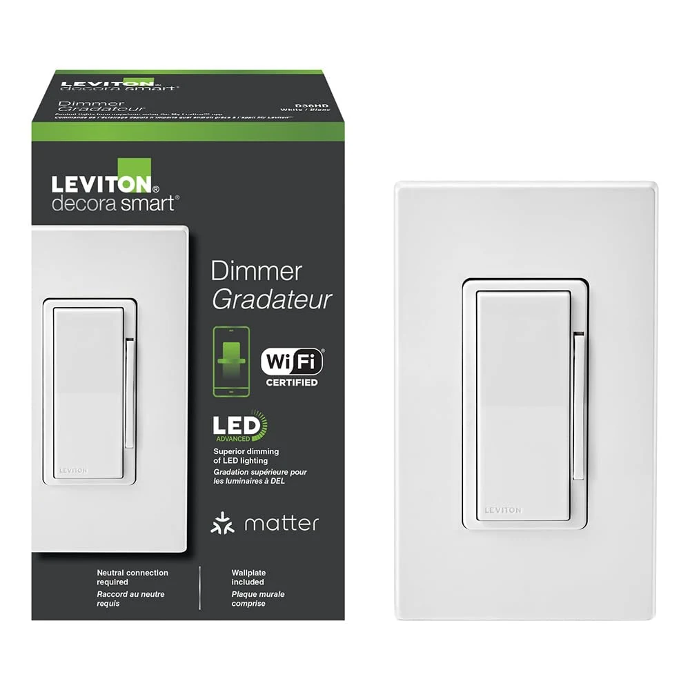 Leviton Decora Smart Dimmer Switch, Wi-Fi, Works with Matter, My Leviton, Alexa, Google Assistant, Apple Home/Siri & Wired or Wire-Free 3-Way, Neutral Wire Required, D36HD-1RW, White