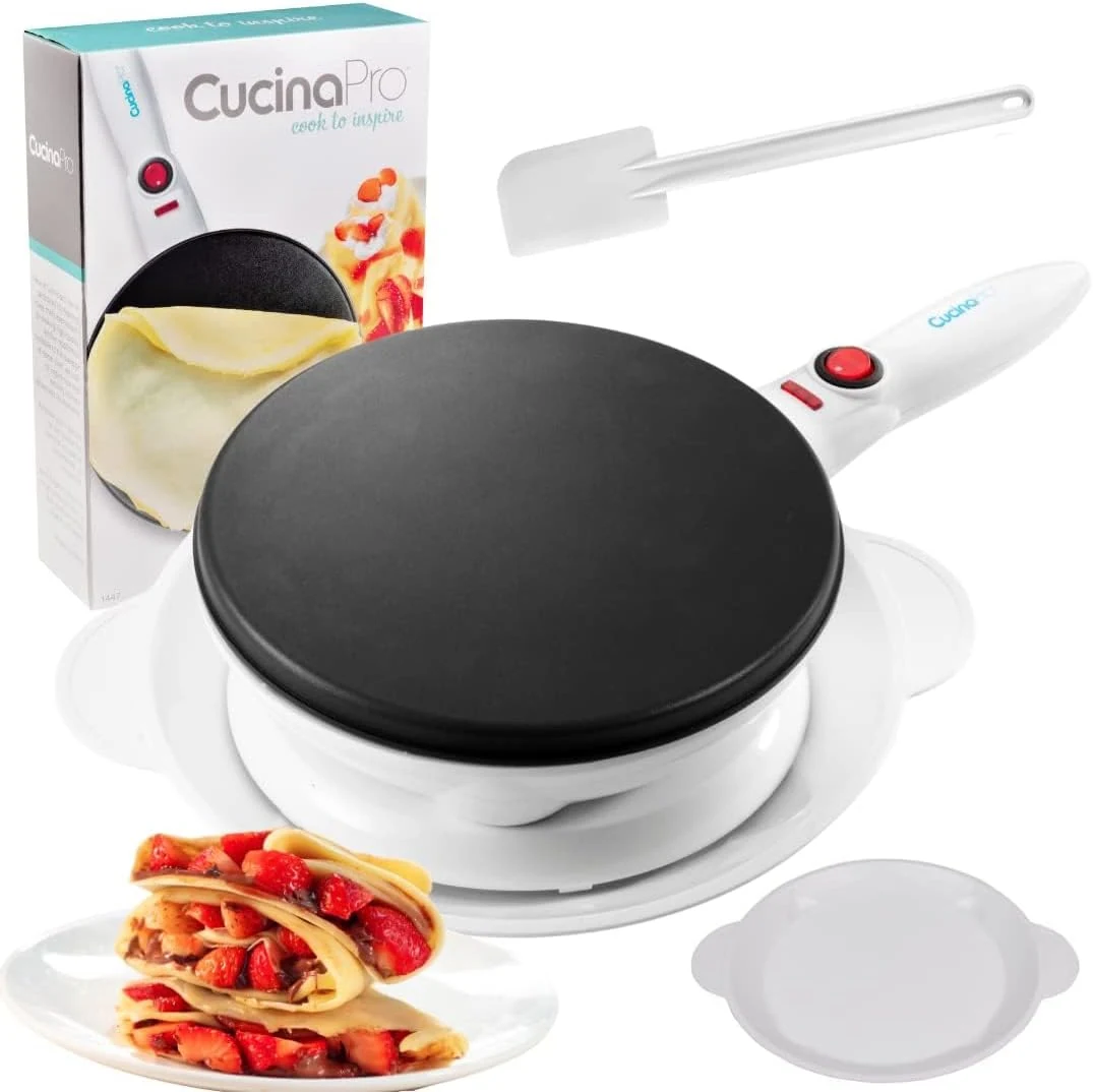 CucinaPro Cordless Crepe Maker- Breakfast Essential with Recipe Guide, Non-Stick Dipping Plate, Electric Base, Batter Spatula- Portable Hot Plate Compact Baker, Morning Brunch, Dessert Gift for Her