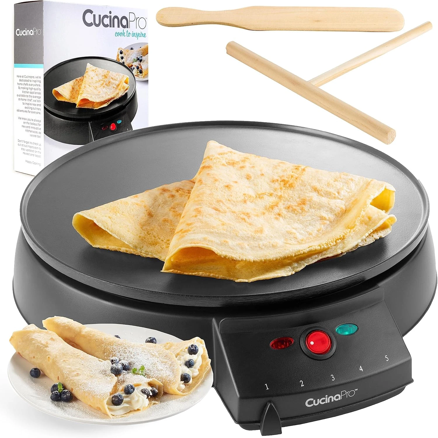 12" Griddle & Crepe Maker, Non-Stick Electric Crepe Pan with Batter Spreader & Recipe Guide (CucinaPro 1448)