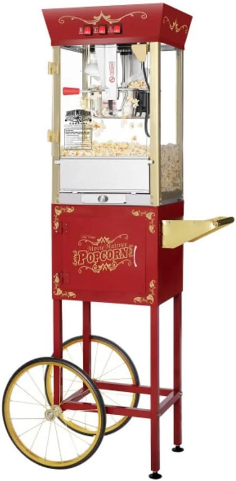 Matinee Popcorn Machine with Cart - 8oz Popper with Stainless-Steel Kettle, Warming Light, and Accessories (Red)