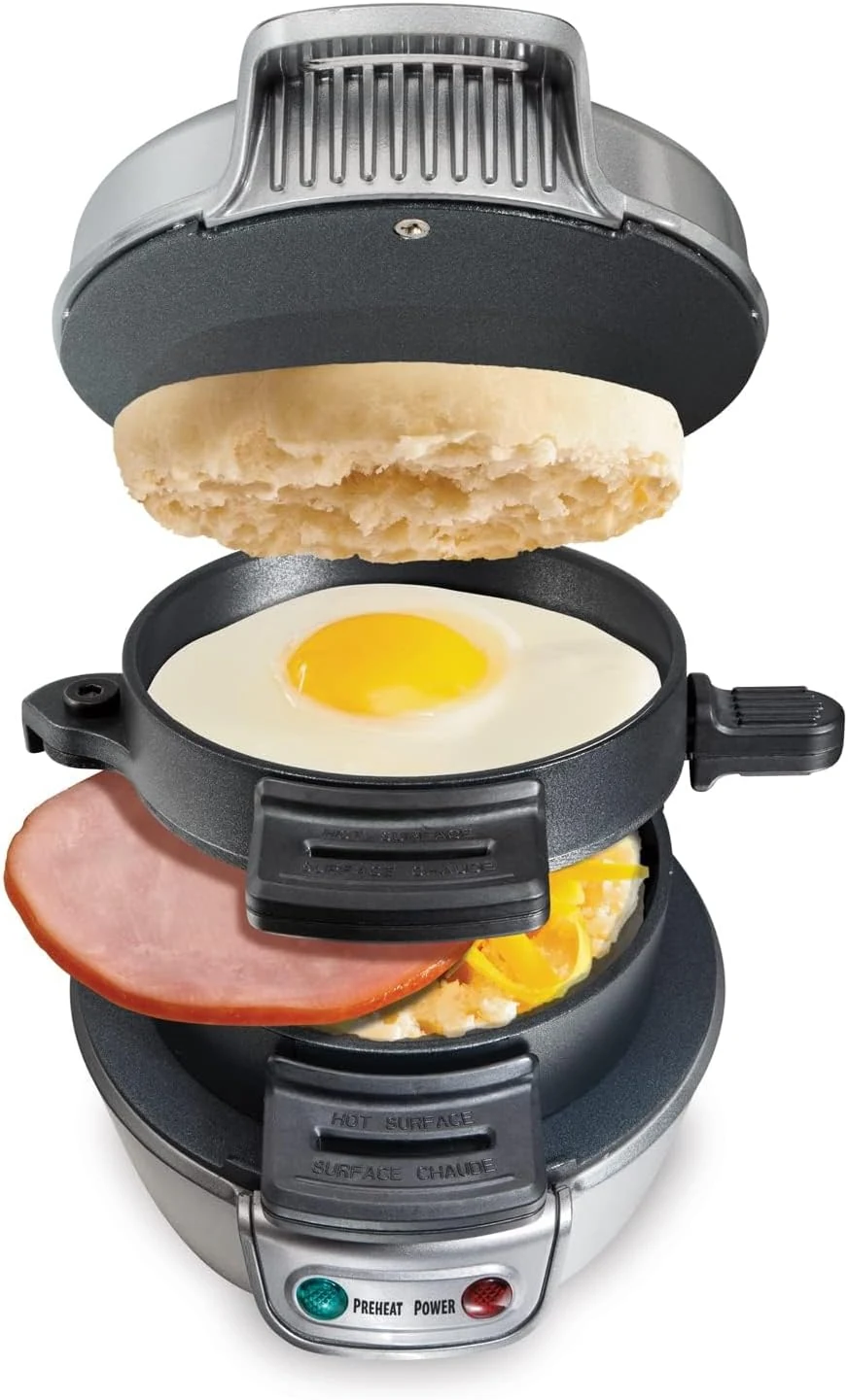 Hamilton Beach Breakfast Sandwich Maker with Egg Cooker Ring, Customize Ingredients, Perfect for English Muffins, Croissants, Mini Waffles, Silver (25475)