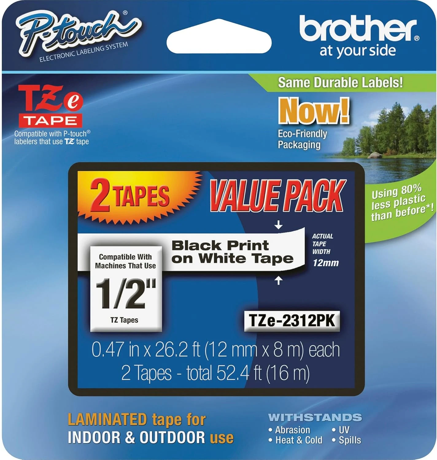Brother Genuine P-Touch, TZe-231 2 Pack Tape (TZE2312PK) ½” x 26.2 ft. (8m) Laminated P-Touch Tape, Black on White