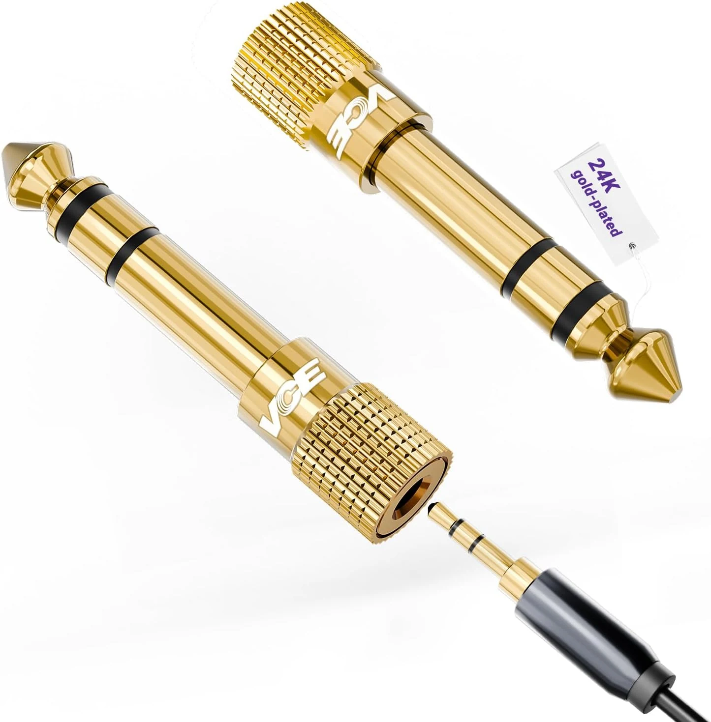 VCE 6.35mm Male to 3.5mm Female 1/4 inch to 1/8 inch 24K Stereo Audio Jack Adapter for Aux Cable, Guitar Amplifier, Headphone, 2 Pack