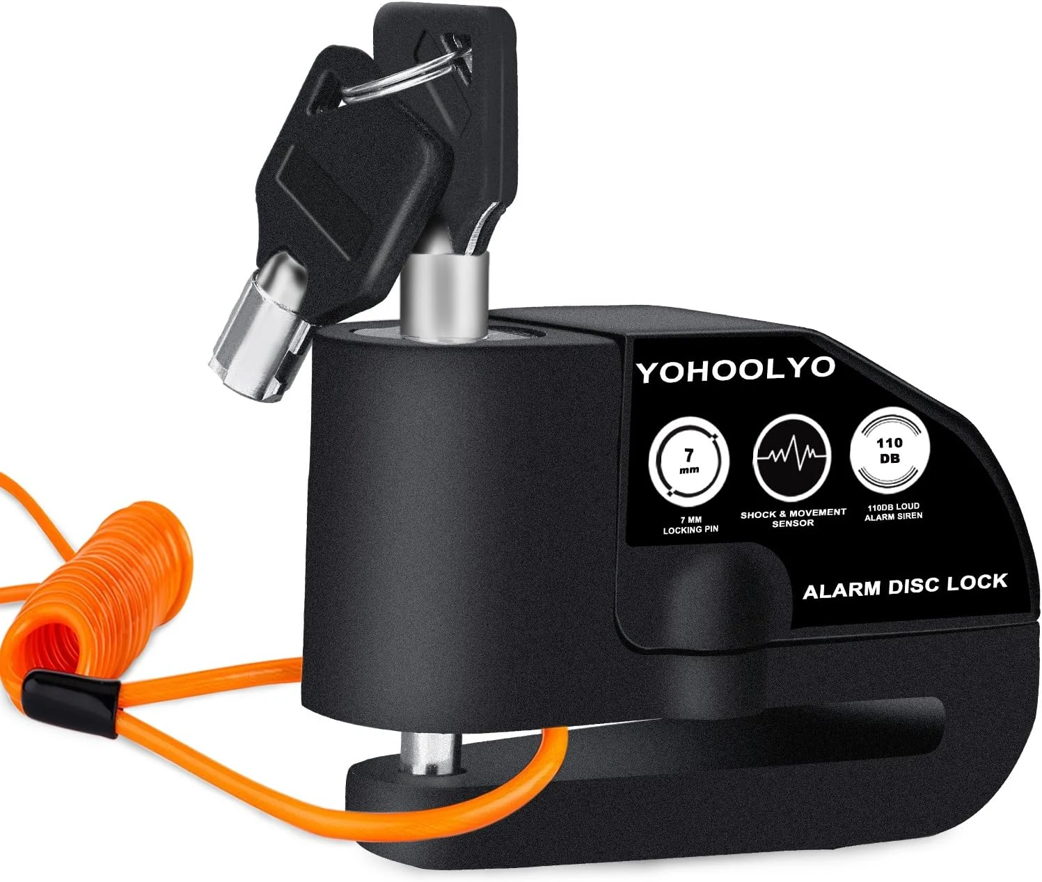 YOHOOLYO Alarm Disc Lock Motorcycle Disc Brake Lock Anti-Theft Waterproof 110 dB 7mm Pin 5ft Reminder Cable