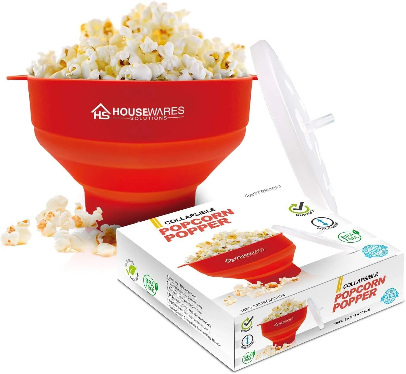 Collapsible Silicone Microwave Hot Air Popcorn Popper Bowl With Lid - Red (BRENSTEN)