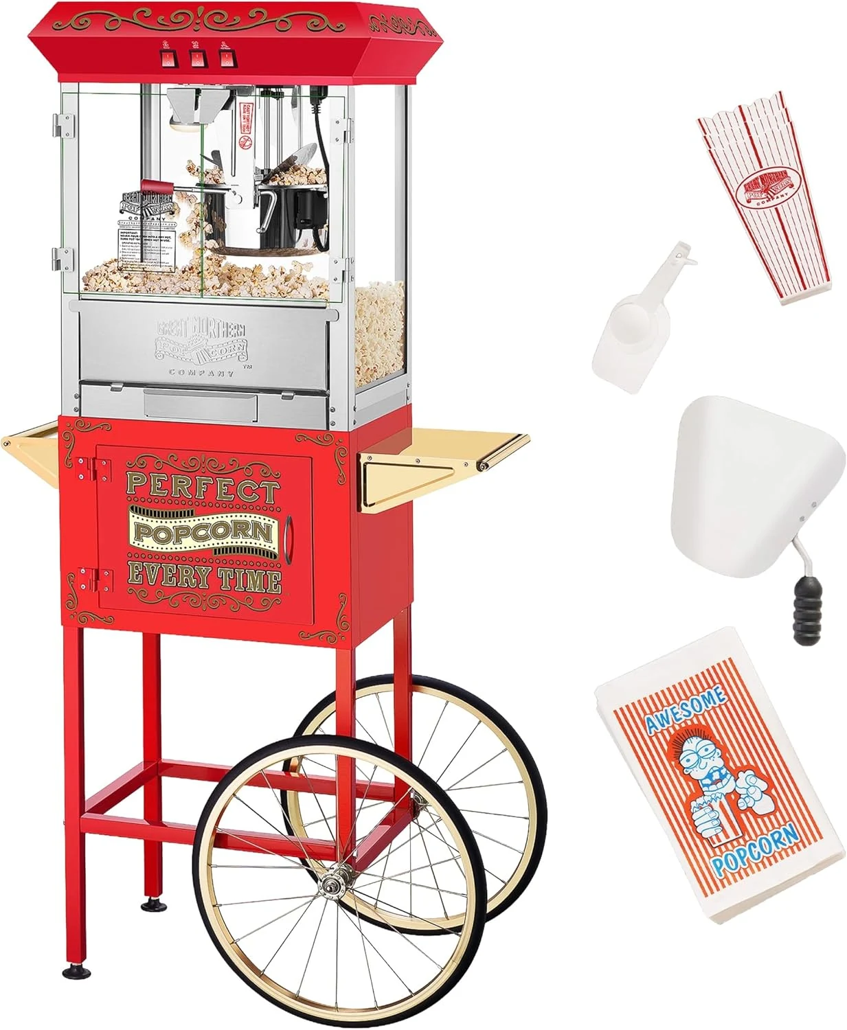 Great Northern Popcorn Company 5995 10 oz. Perfect Popper Popcorn Machine with Cart - Red (5995 GNP Red 10oz. Full)