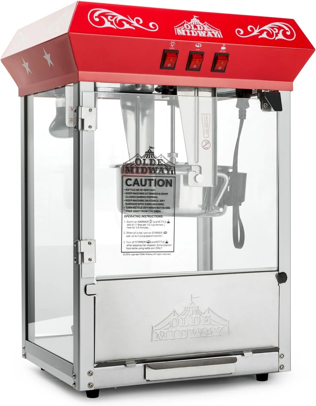 Olde Midway Bar Style Popcorn Machine Maker Popper with 8-Ounce Kettle - Red