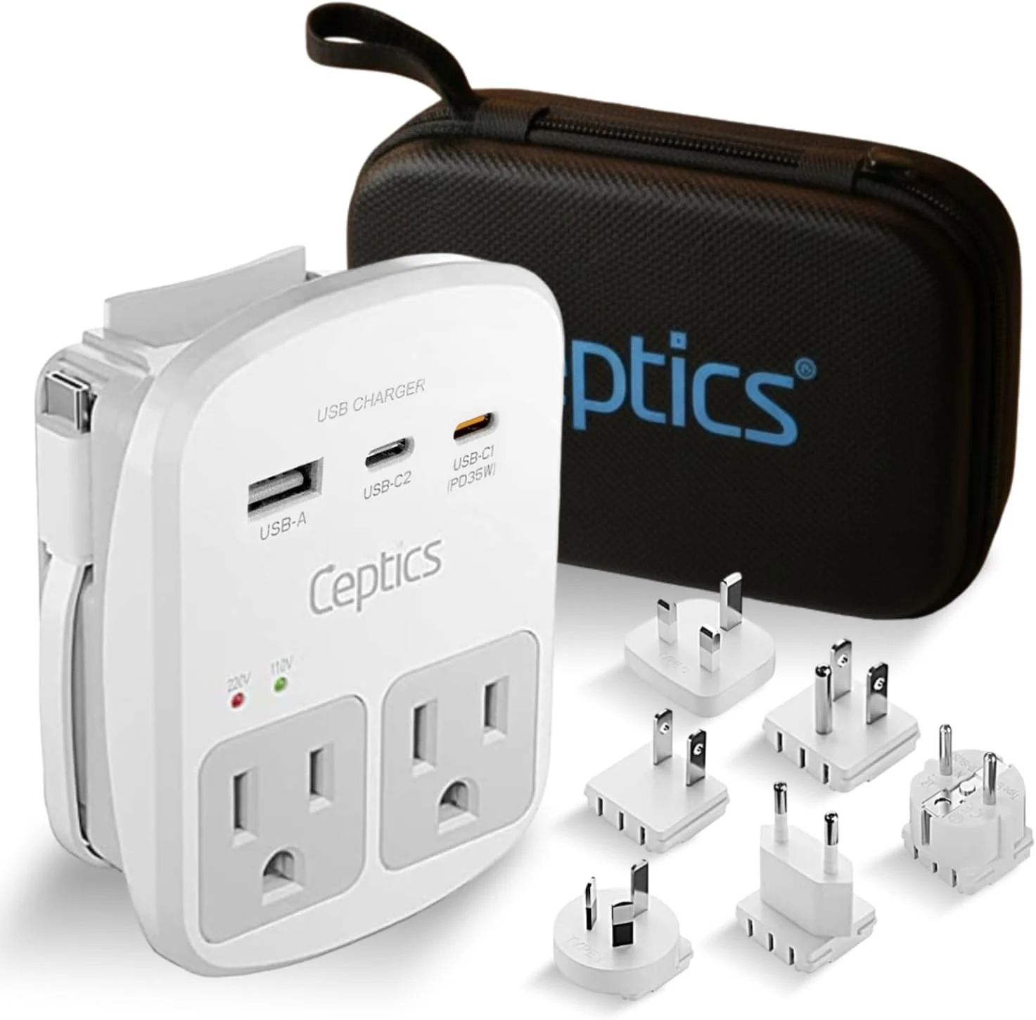 Ceptics 35W Universal Travel Adapter Kit – 2 USA sockets, USB-A, USBC, 1x PD 35W USB-C and USBC Cable, Surge Protected, Plugs for EU, UK, China, AU, Japan