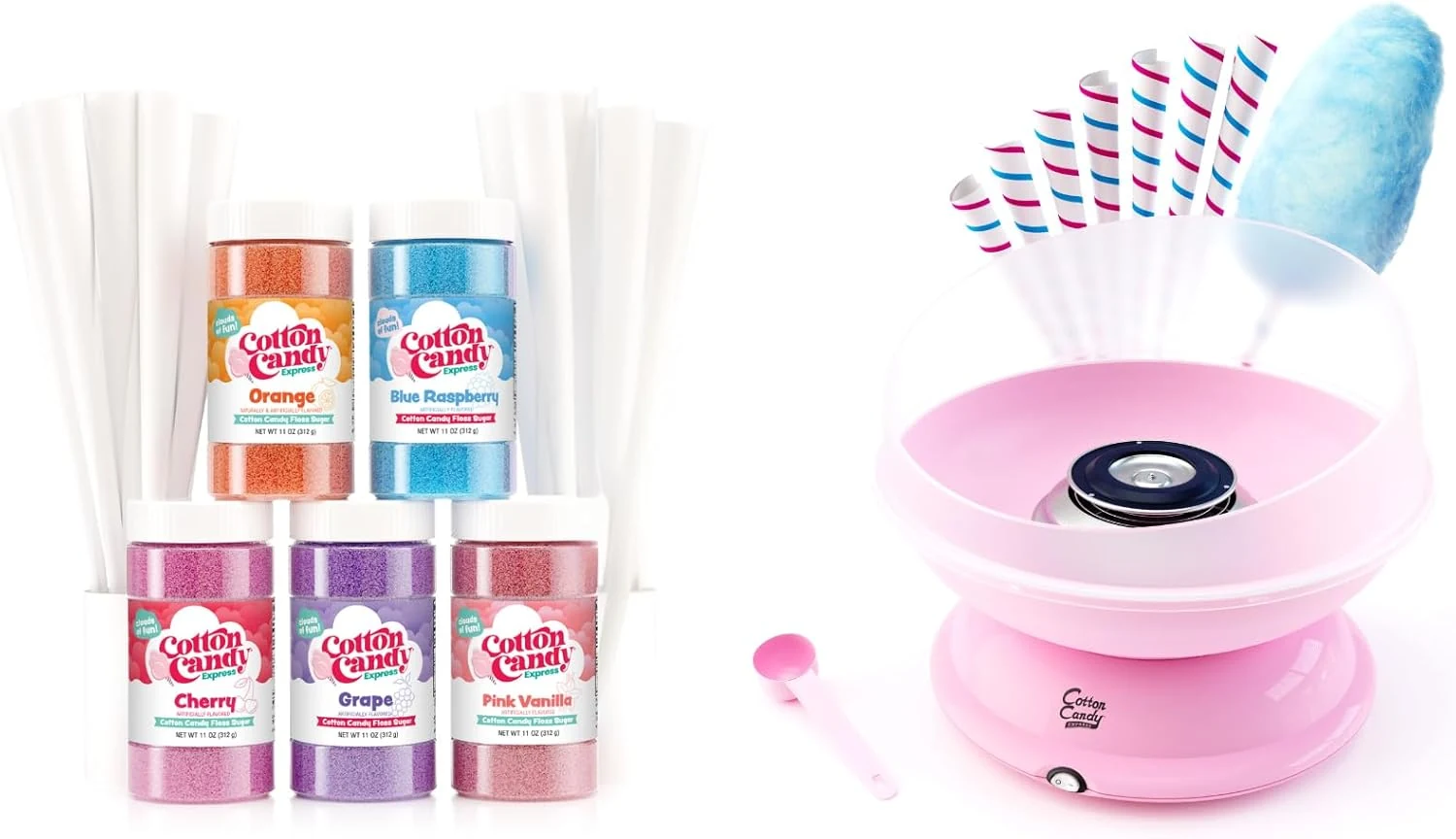 Cotton Candy Express CC1000-S Cotton Candy Machine, with 5-11oz. Jars of Cherry, Grape, Blue Raspberry, Orange, Pink Vanilla Floss Sugar & 50 Paper Cones