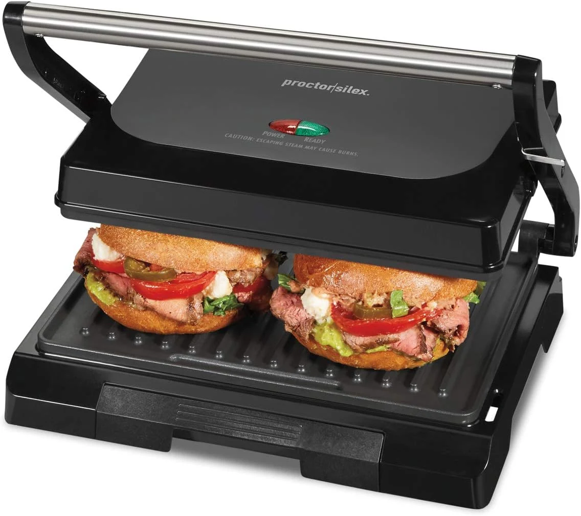 Proctor Silex-Panini Press Sandwich Maker and Electric Indoor Grill, Easy Clean PFAS-Free Nonstick Grids, Compact Upright Storage, Black (25440MN)