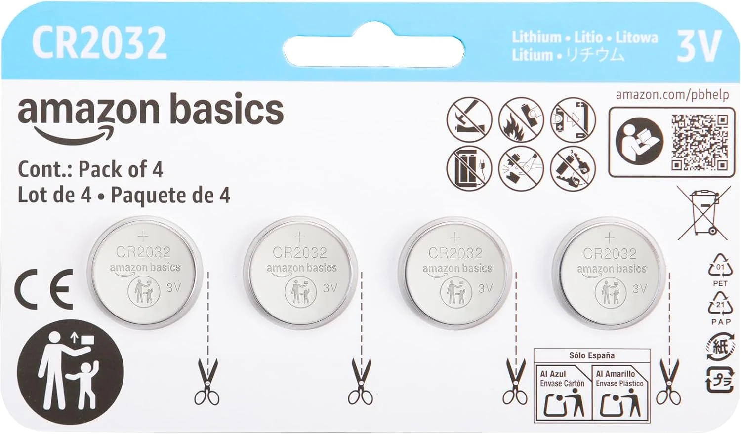 Amazon Basics CR2032 3V Lithium Coin Cell Batteries, Child-Proof Package, Non-Coated, AirTag Compatible, 4-Pack