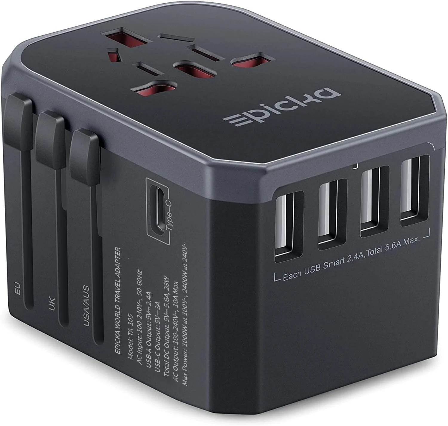 EPICKA Universal Travel Adapter (TA-105, Grey) with USB-C & 4 USB-A