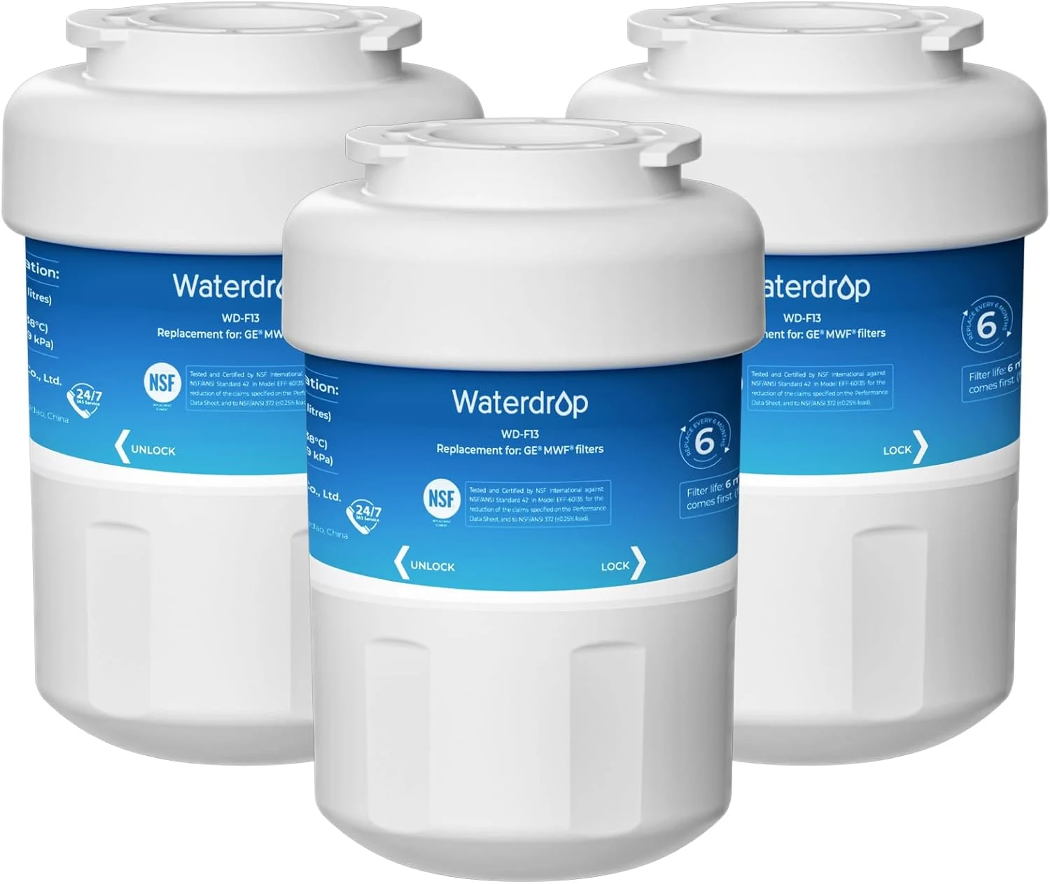 Waterdrop WD-F13 Replacement for GE® MWF®, SmartWater® MWFP, MWFINT, MWFA, GWF, HDX FMG-1, Kenmore® 9991, GSE25GSHECSS, WFC1201 Refrigerator Water Filter, 3 Pack