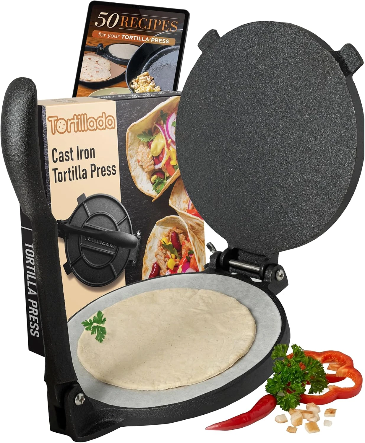 Tortillada – Premium Tortilla Press Cast Iron with Recipes E-Book (8 Inch)