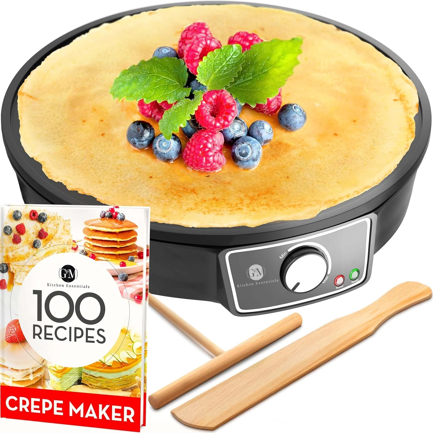 Crepe Maker Machine (Easy to Use), Pancake Griddle – Nonstick 12” Electric Griddle – Pancake Maker, Batter Spreader, Wooden Spatula – Crepe Pan for Crepes Roti, Tortilla, Blintzes – Portable, Compact