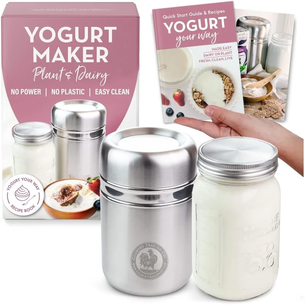 Stainless Steel Yogurt Maker with 1 Quart Glass Jar and Complete Recipe Book
