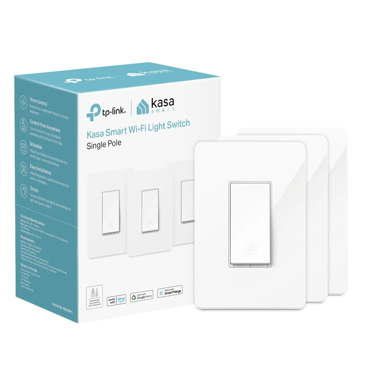 Kasa Smart Light Switch HS200P3, Single Pole, Needs Neutral Wire, 2.4GHz Wi‑Fi Smart Light Switch (No Hub Required)