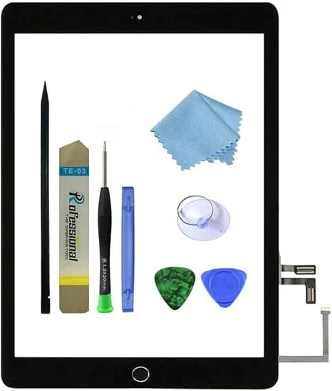 for Black iPad 5 2017 9.7 inch （A1822, A1823） Touch Screen Digitizer Assembly Replacement with Home Button, Camera Bracket, Pre-Installed Adhesive, Tool Repair Kit