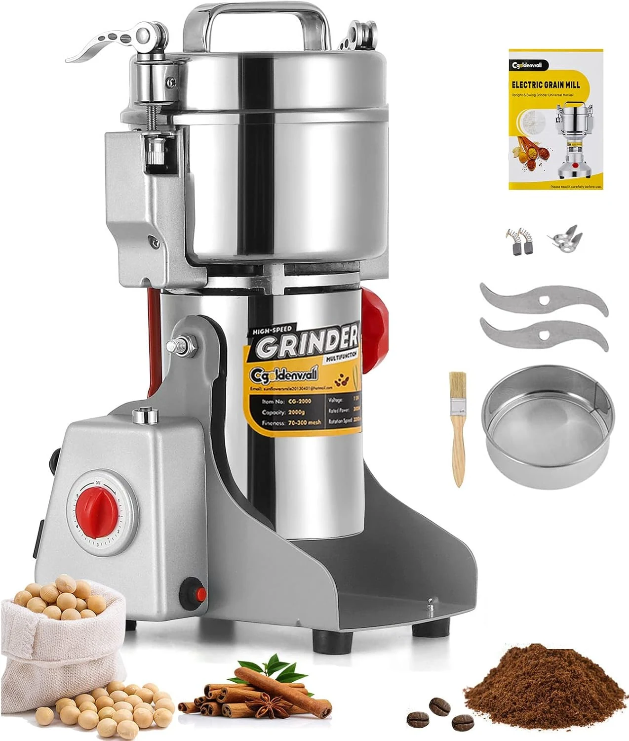 CGOLDENWALL 700g Electric Grain Grinder Mill Safety Upgraded 2400W High-speed Spice Herb Grinder (700g Swing Type)