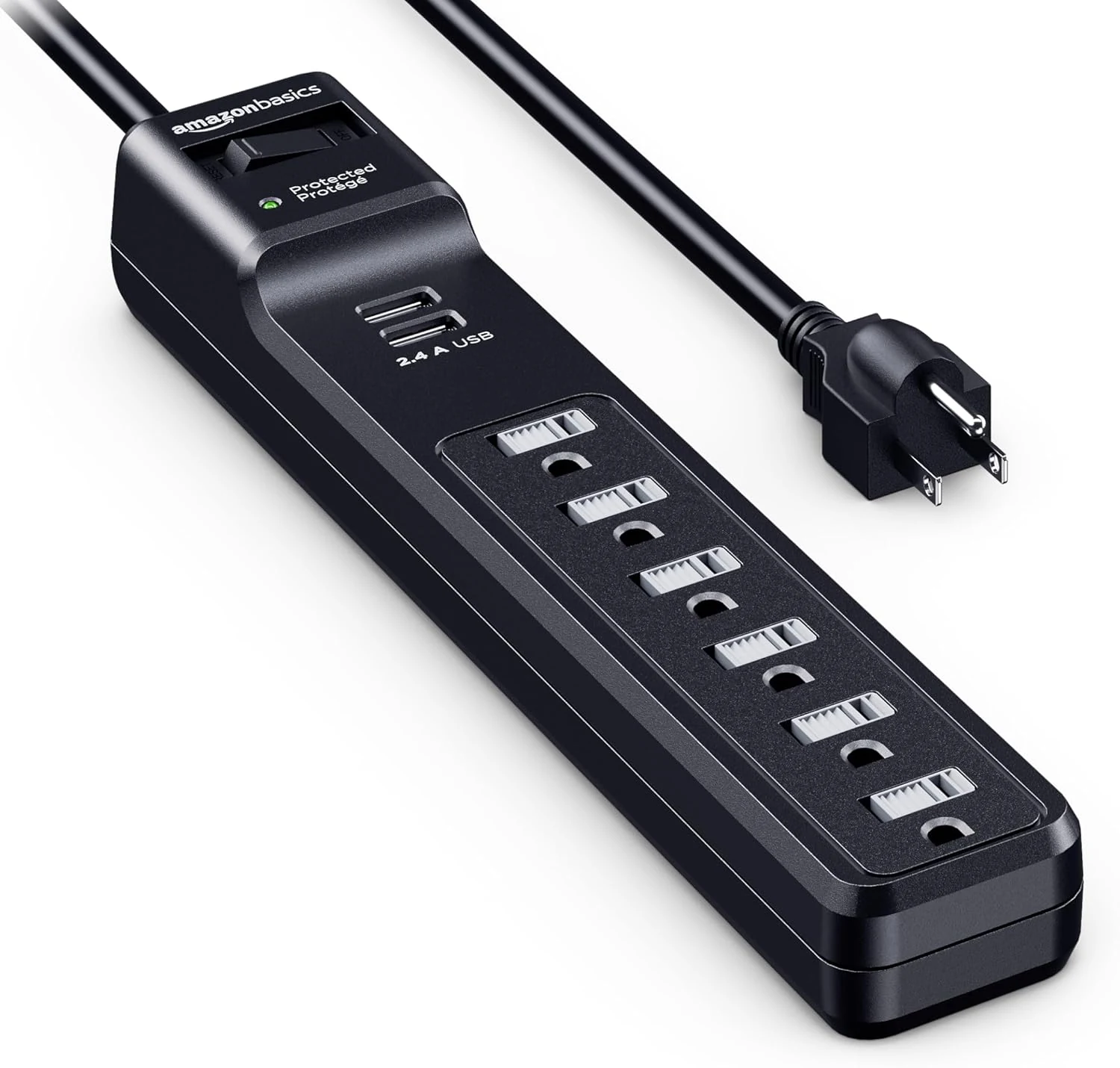Amazon Basics Surge Protector Power Strip with 6 Outlets, 2 USB Ports, 1000 Joule, 6-Foot Cord Length, Black