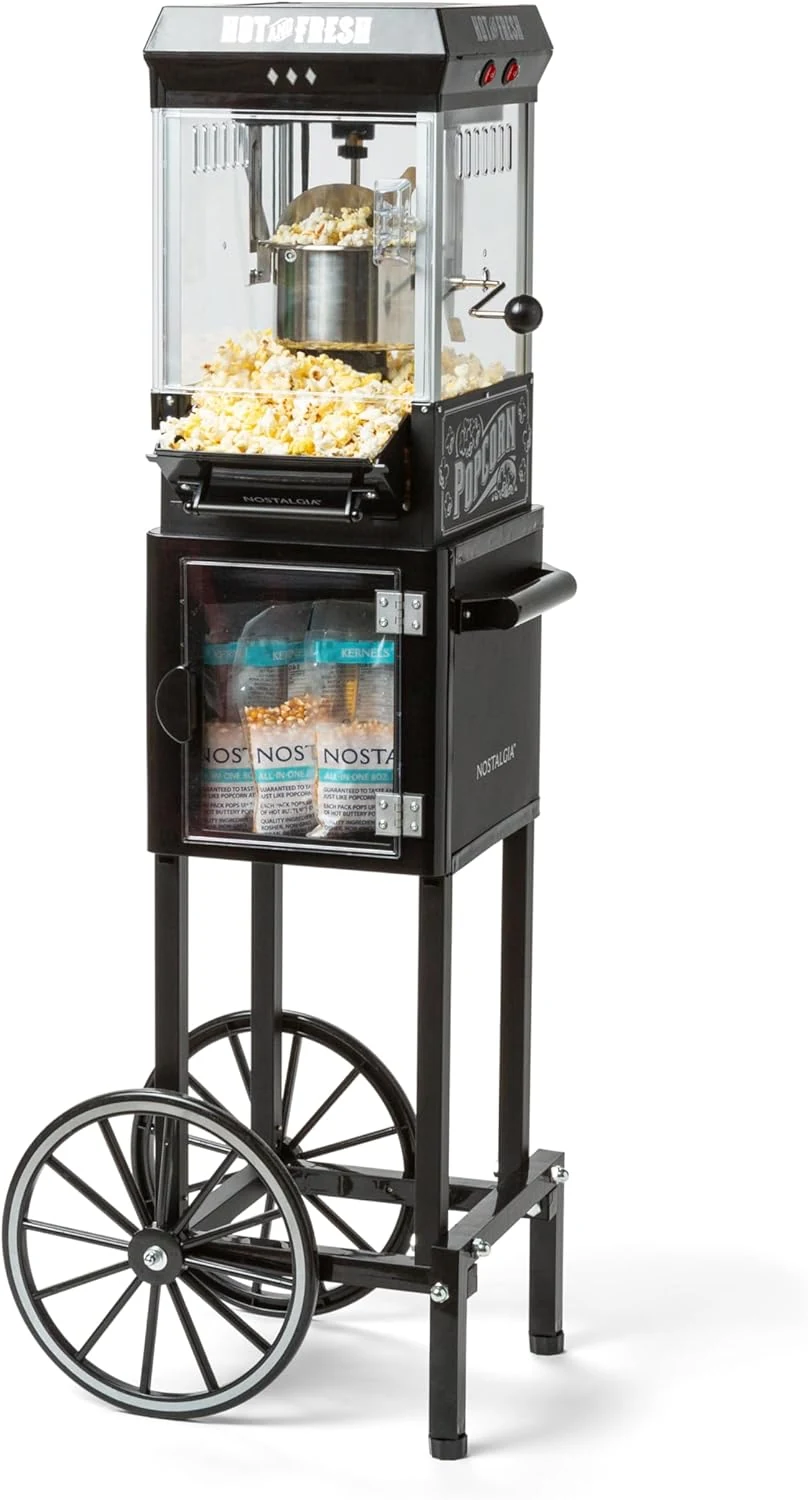 Nostalgia Popcorn Maker Machine - Professional Cart With 2.5 Oz Kettle Makes Up to 10 Cups - Vintage Popcorn Machine Movie Theater Style - Black