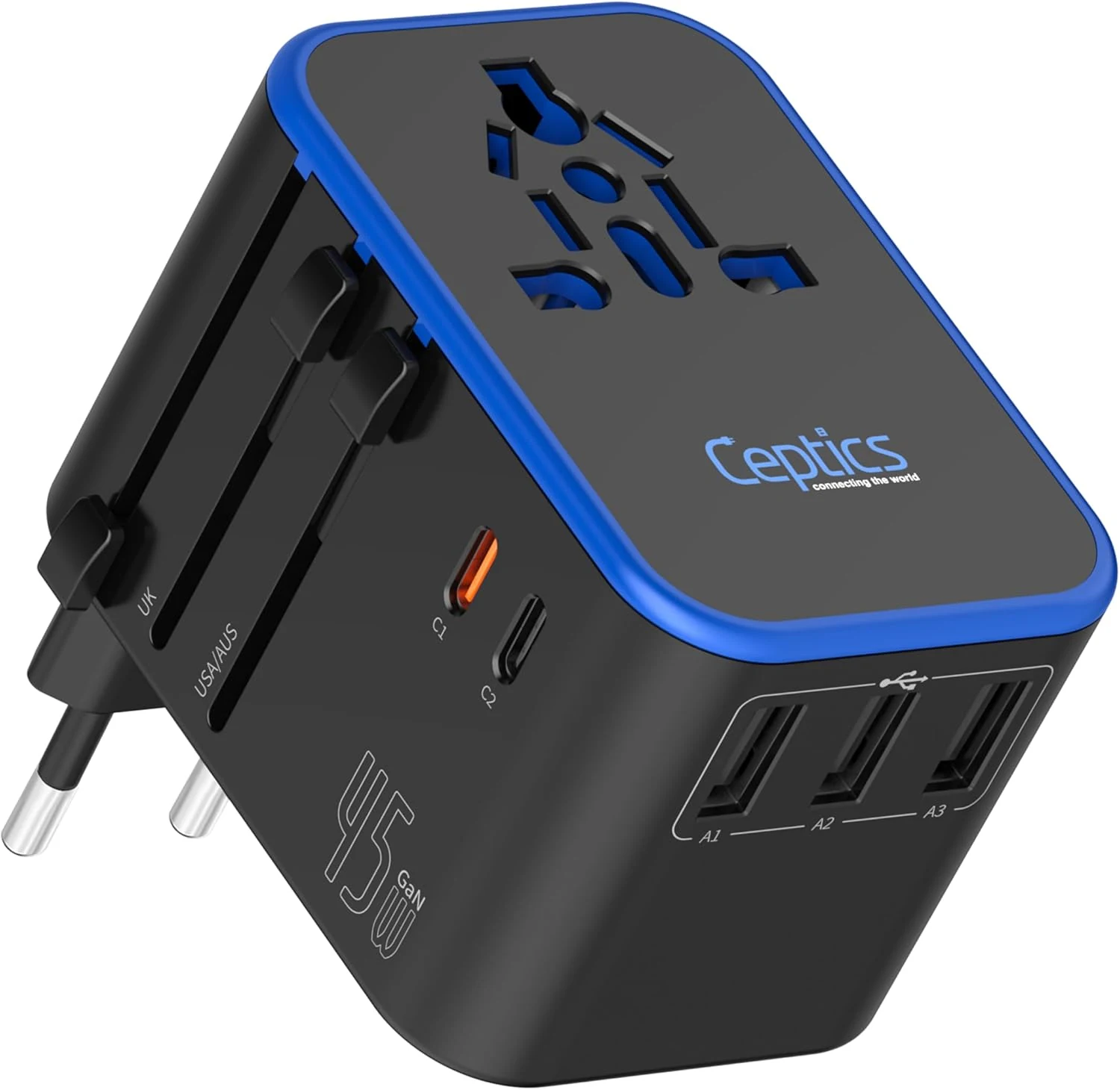 Ceptics Universal Travel Adapter, 45W International Power Adapter with PD & QC 3.0 Dual USB-C