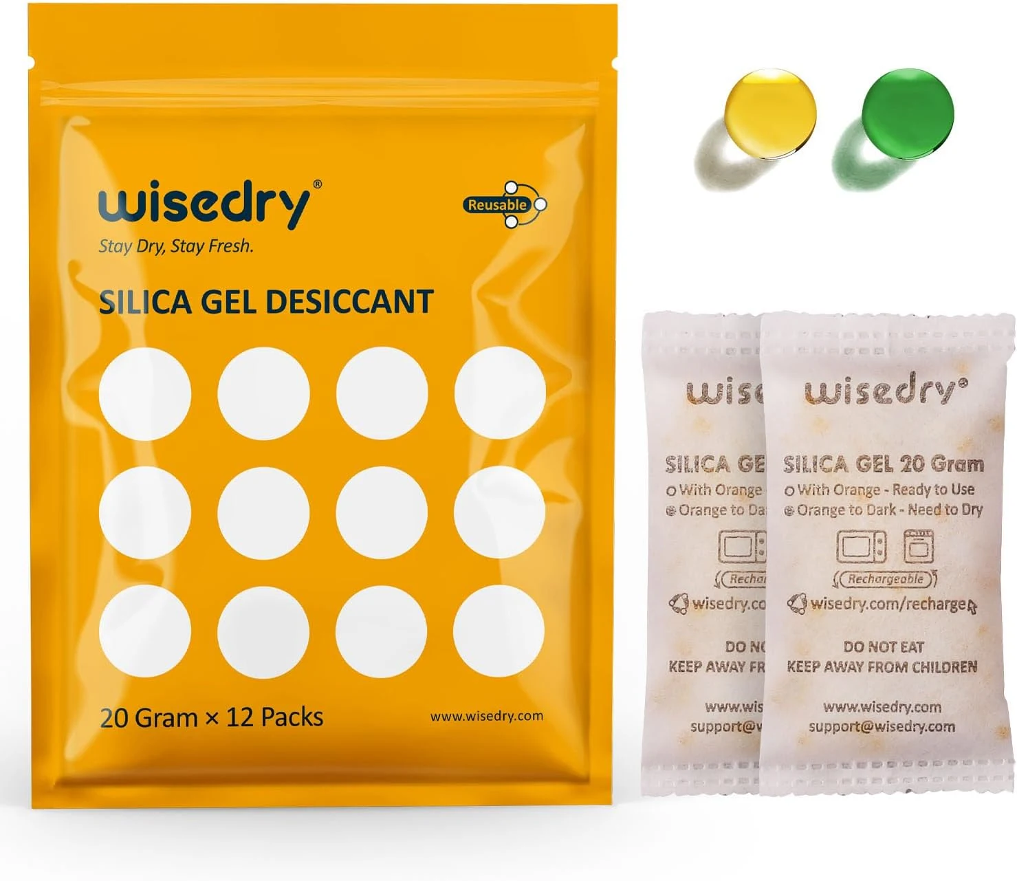 wisedry 20 Gram [12 Packs] Rechargeable Silica Gel Packets (Microwave Reactivate)