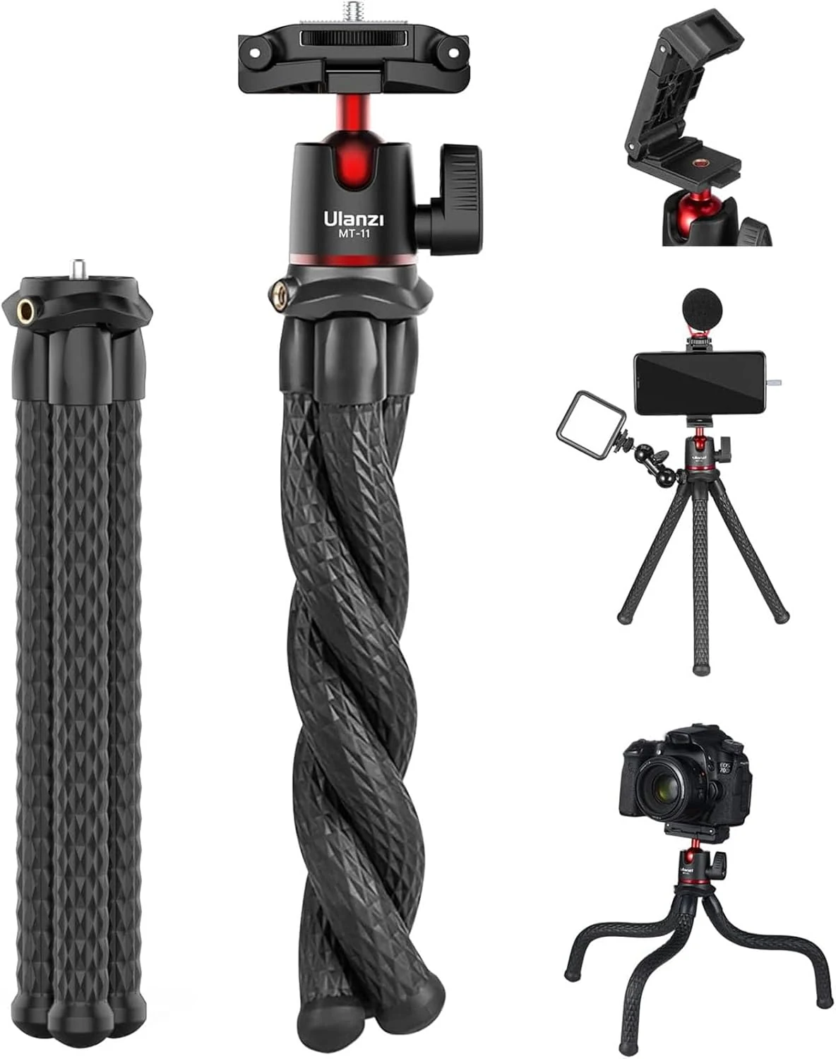 ULANZI Camera Tripod, Mini Flexible Stand w Hidden Phone Holder w Cold Shoe Mount, 1/4'' Screw f Magic Arm