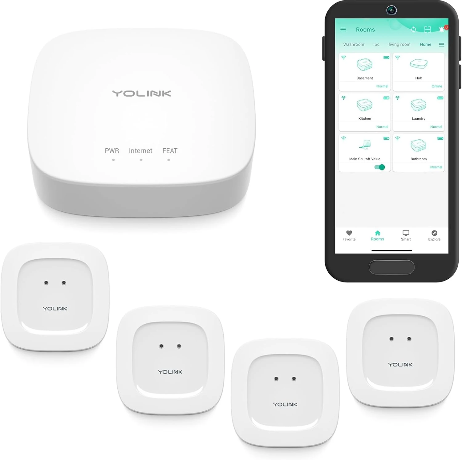 YoLink Water Leak Starter Kit: Hub + 4 Leak Sensor (Silent)