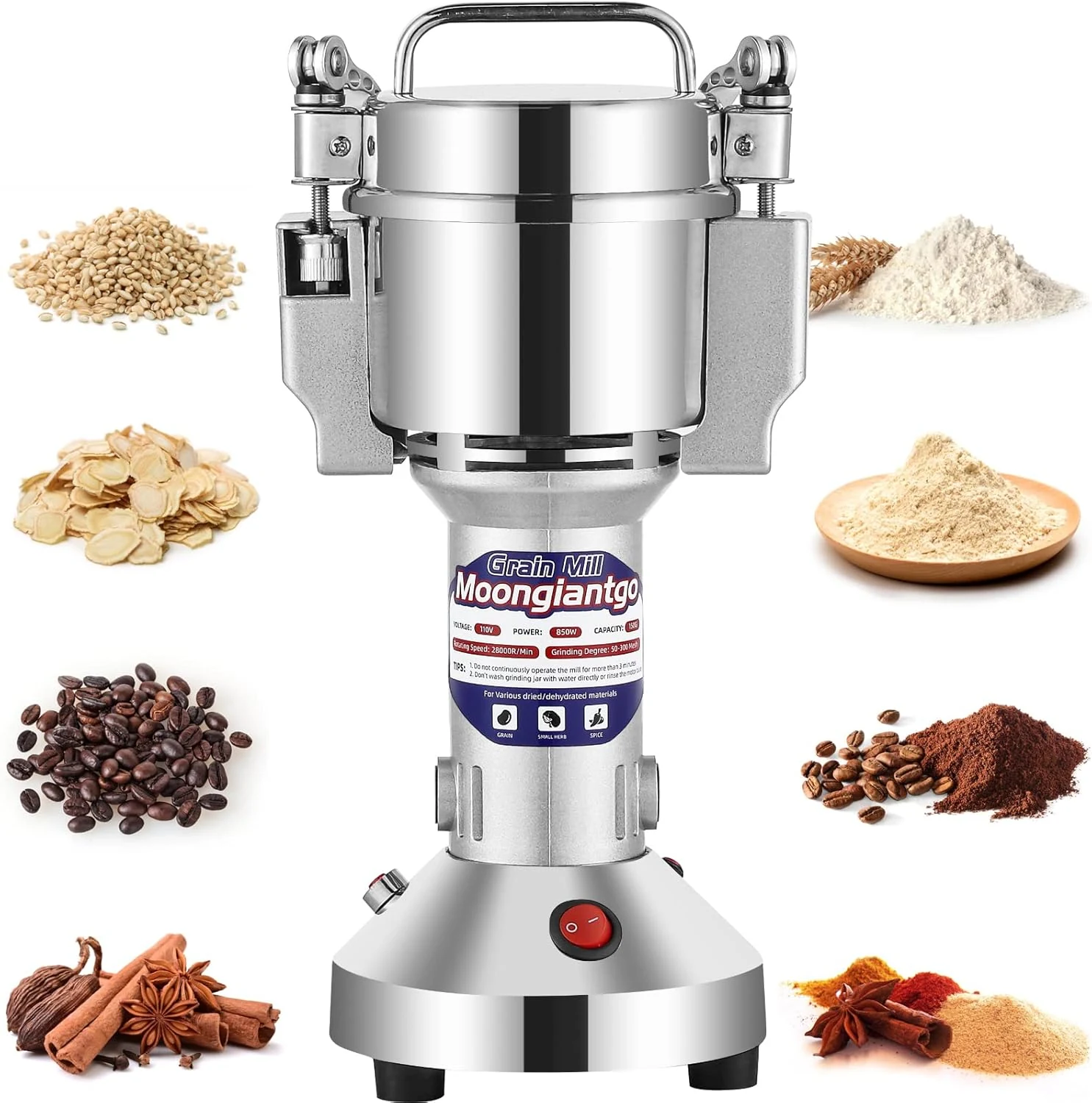 Moongiantgo Grain Mill Grinder Electric 150g Commercial Spice Grinder 850W Stainless Steel Pulverizer