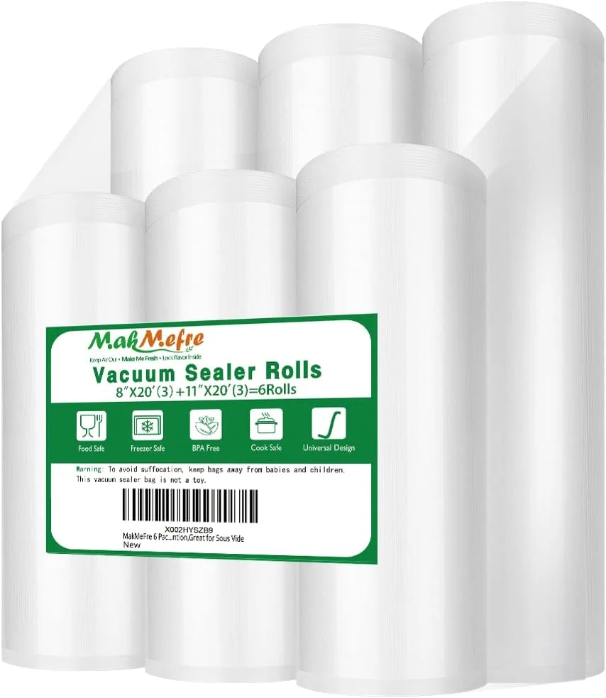MakMeFre 6 Pack 8"x20'(3Rolls) and 11"x20' (3Rolls) Vacuum Sealer Bags Rolls
