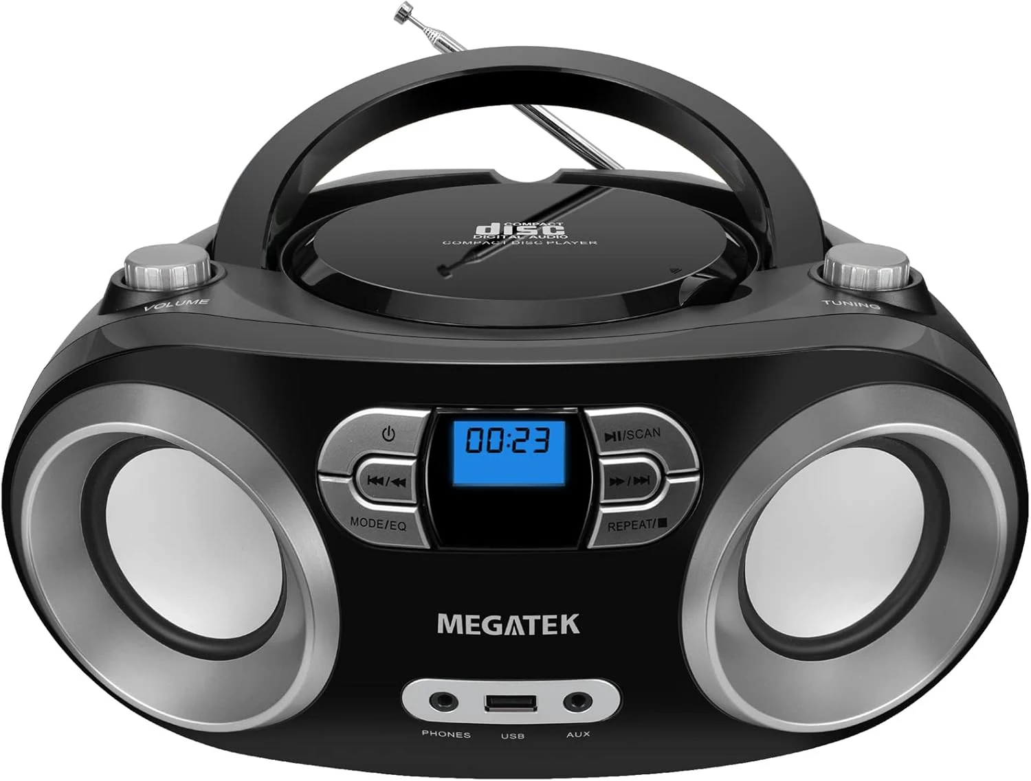 MEGATEK Portable CD Player Boombox with FM Radio, Bluetooth, USB Port, AUX Input, and Headphone Jack (Black)