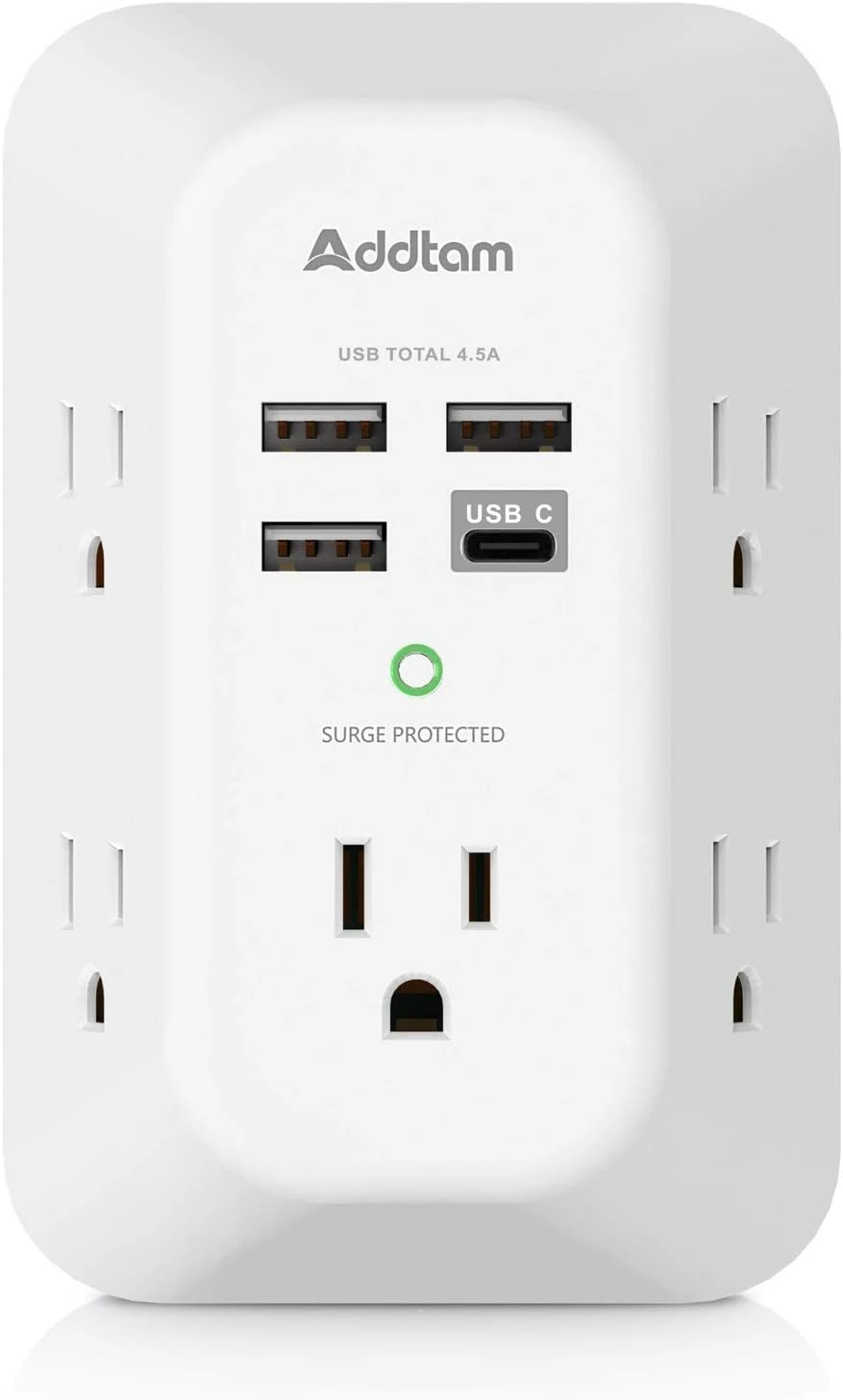 Addtam 5-Outlet Extender Surge Protector, Multi Plug Wall Outlet with 4 USB Wall Charger (1 USB C Port)