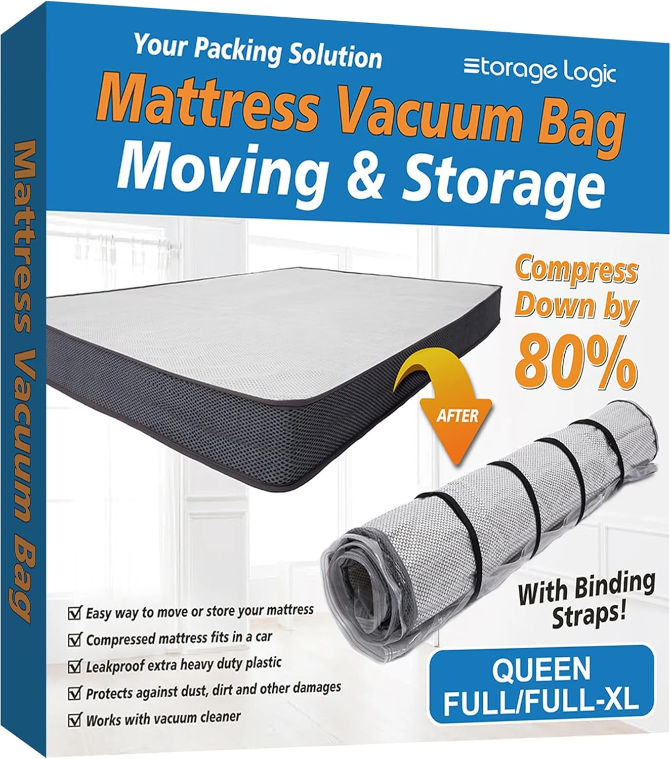 Storage Logic Foam Mattress Vacuum Bag with 4 Adjustable Packing Straps
