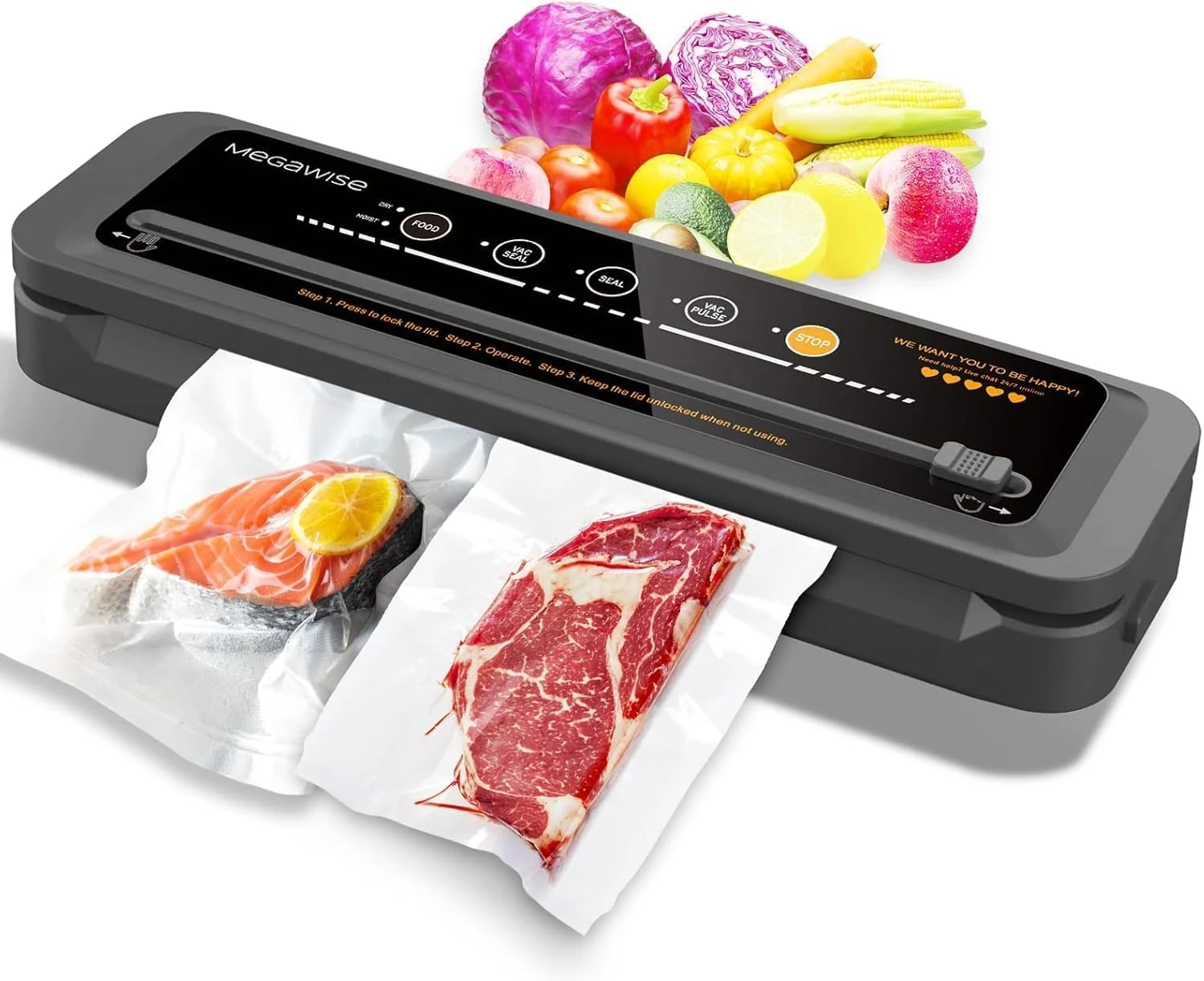 MegaWise Vacuum Sealer Machine | 80kPa suction, bags and built-in cutter