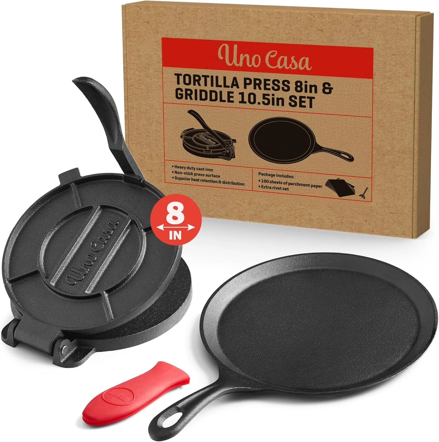 Uno Casa Cast Iron Tortilla Press 8 Inch (Duo with Comal Pan)