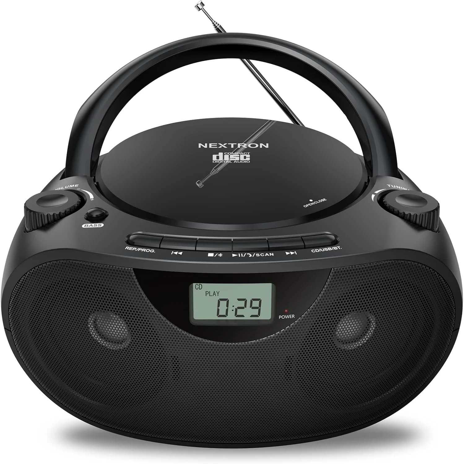 Nextron Portable CD Player Bluetooth Boombox with AM/FM Radio, USB, AUX-in, Headphone Jack, CD-R/RW & MP3-CD Compatible, Stereo Sound with Bass Boost, AC/Battery Operated – Black
