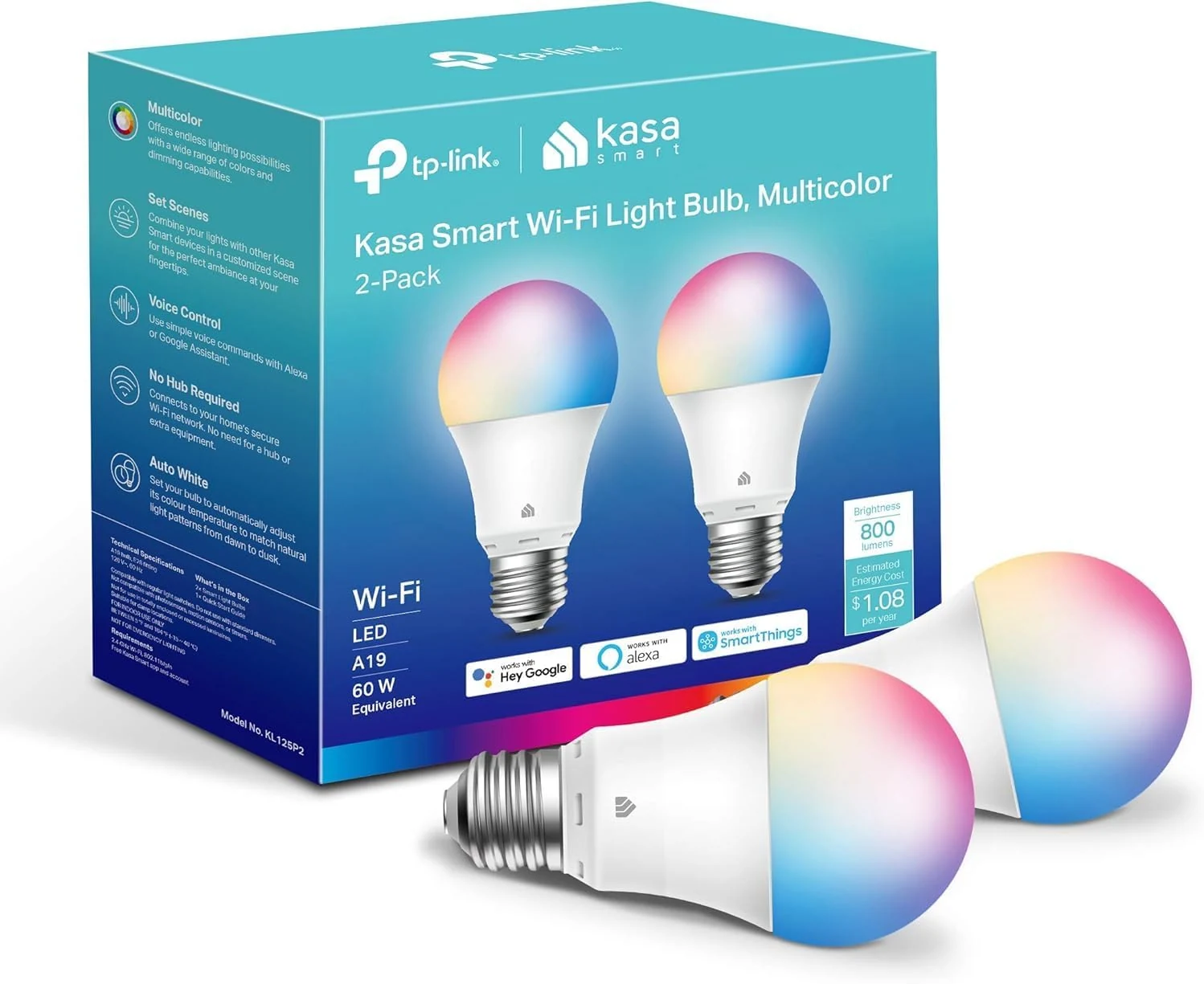 Kasa Smart Light Bulbs, Full Color Changing Dimmable Smart WiFi Bulbs (KL125P2), Multicolor (2-Pack)