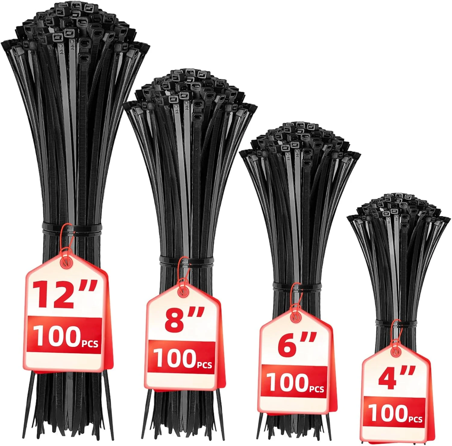 Cable Zip Ties, 400 Pack Black Assorted Sizes (12+8+6+4 Inch)